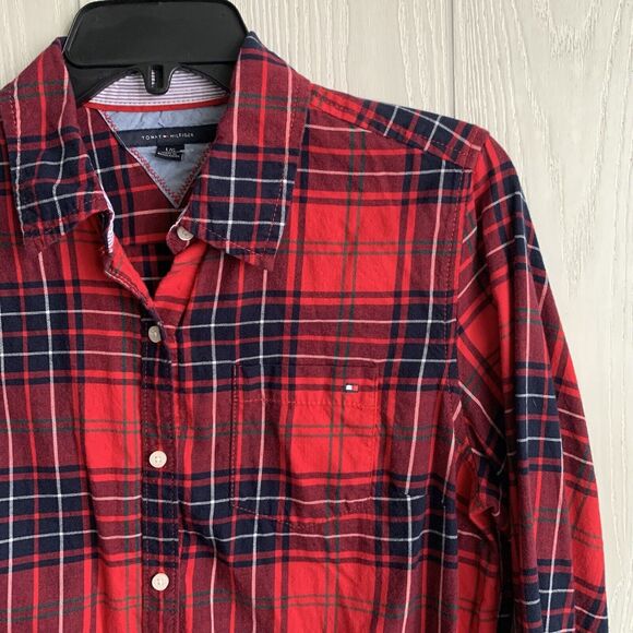 Tommy Hilfiger Womens Red Plaid Flannel Shirt Size Large - Picture 2 of 3